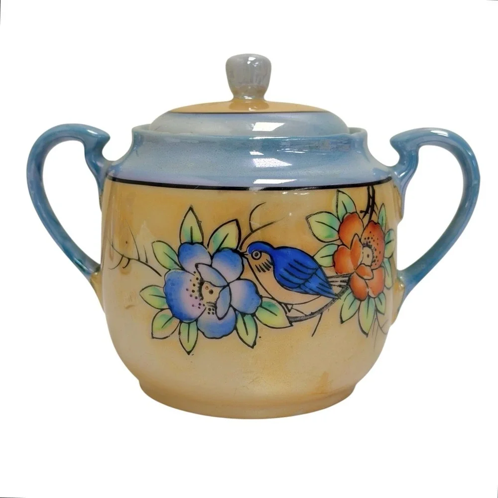 Vintage 1950s‎ Handmade In Japan Lusterware Sugar Bowl & Creamer Bird Floral